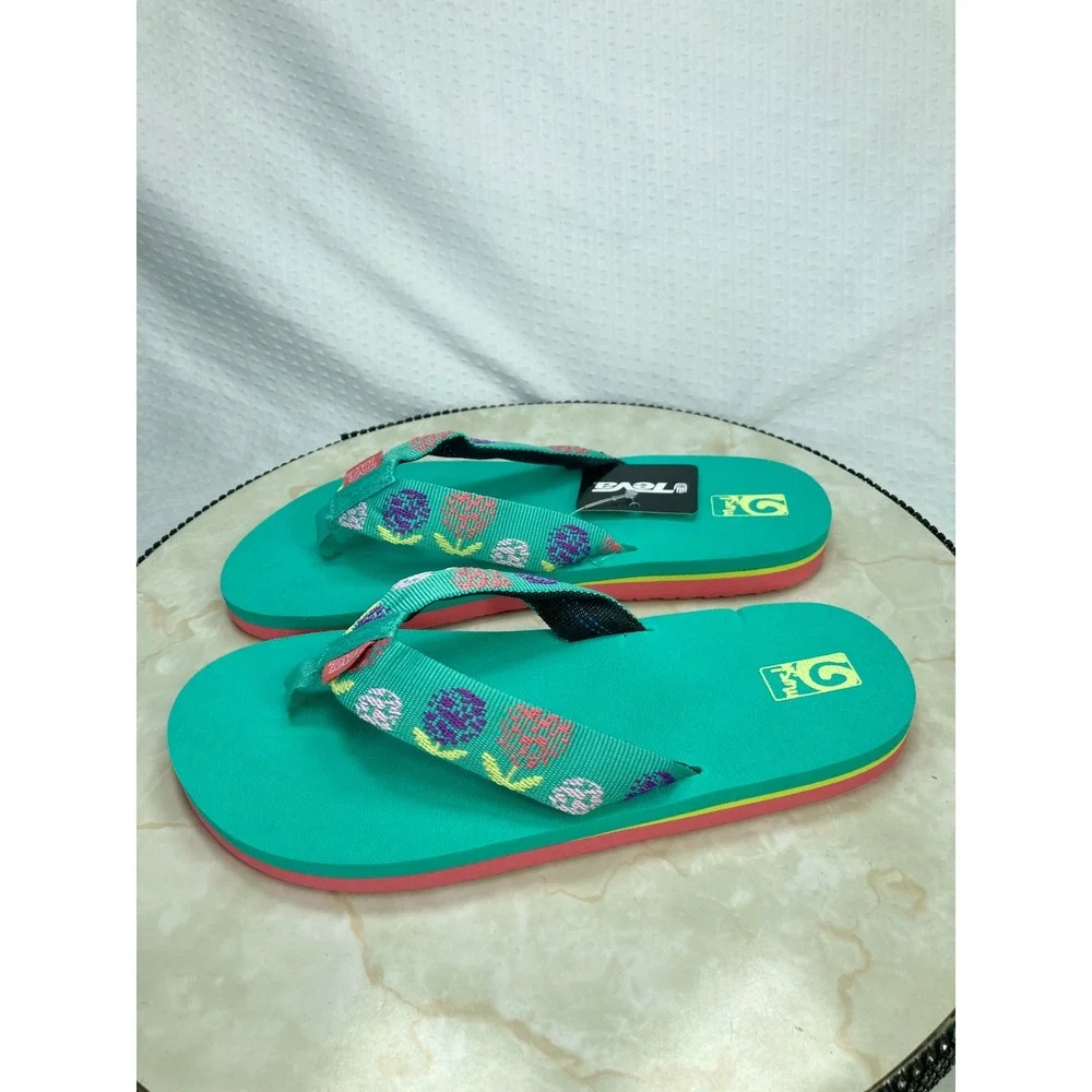Teva Mush II Floral Embroidered Flip Flop Sandals Kids 6 Teal Green Summer Chic